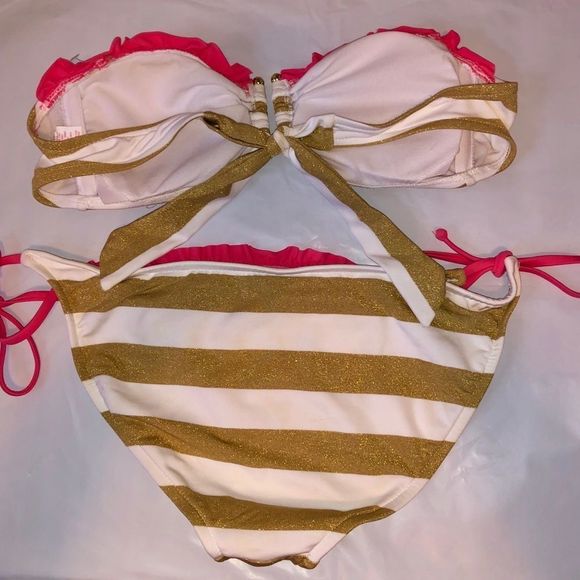 ▪️Strapless Gold White & Coral Bikini Top & Bottom - Picture 3 of 3